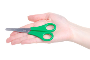 Hand holding green office stationery scissors cutting on white background isolation