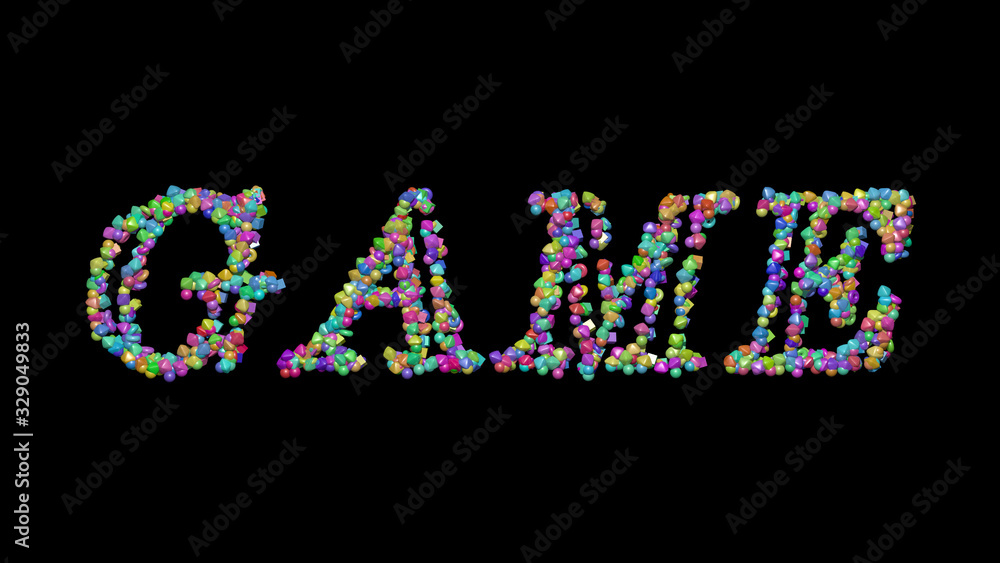 Poster game written in 3d illustration by colorful small objects casting shadow on a black background