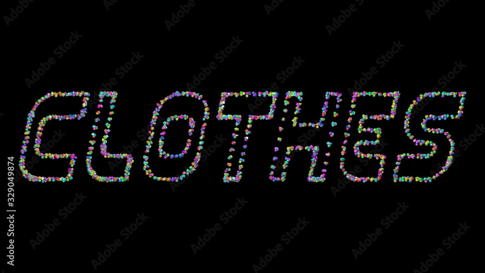 Poster colorful 3d writting of clothes text with small objects over a dark background and matching shadow