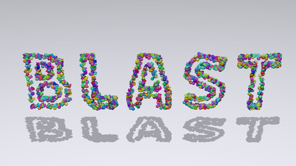 Blast: 3D illustration of the text made of small objects over a white background with shadows