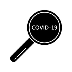 Silhouette Magnifier with Covid-19 icon. Outline logo of coronavirus. Black simple illustration of increased respiratory virus. Flat isolated vector image on white background. Search for solution