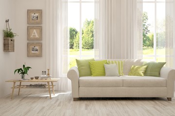 Minimalist living room in white color with sofa and summer landscape in window. Scandinavian interior design. 3D illustration