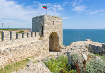 Partially reconstructed tower and walls of a medieval fortress on the Kaliakra peninsula