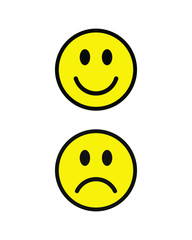Happy smile and sad unhappy face emoji icon. Positive and negative feeling symbol. Like and unlike yellow sign. Smiley emoticon logo. Vector illustration image. Isolated on white background.