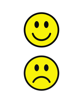 Happy smile and sad unhappy face emoji icon. Positive and negative feeling symbol. Like and unlike yellow sign. Smiley emoticon logo. Vector illustration image. Isolated on white background.