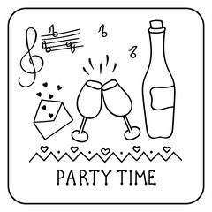 Holiday attributes for a party time. A bottle of wine, glasses, music. Vector illustration in Doodle style isolated on white background.Traditional design elements for invitations, banners, postcards.