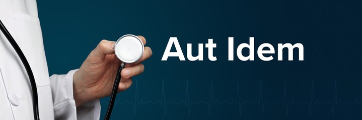 Aut Idem. Arzt im Kittel hält Stethoskop. Das Wort Aut Idem steht daneben. Symbol für Medizin, Krankheit, Gesundheit