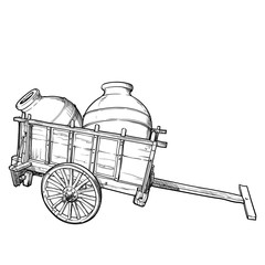 Old-fashioned farm cart loaded with kvevri. Traditional Georgian wine making. Sketch style drawing isolated on white background. EPS 10 vector illustration