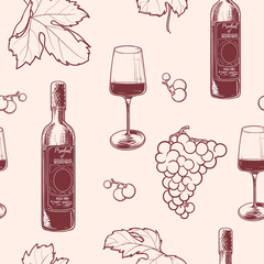 Georgian wine culture seamless pattern. Wine bottle and glass, grapevine leaves and berries clasters. EPS10 vector illustration