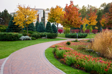 Colorful autumn park landscape. Cobblestone walkway, garden flowers and trees.