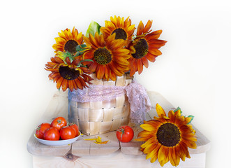 Still life with sunflowers in a basket and ripe tomatoes on a platter on a white background