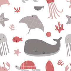 Vector hand-drawn color children's seamless repeating pattern with sea inhabitants in the Scandinavian style on a white background. Marine pattern. Ocean pattern. Cute baby animals. Whale, jellyfish.