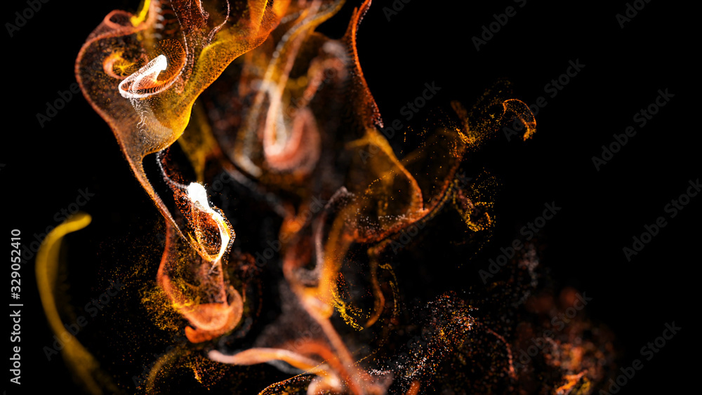 Aufkleber injection of fiery fluorescent ink in water isolated on black background. 3d render of glow particle