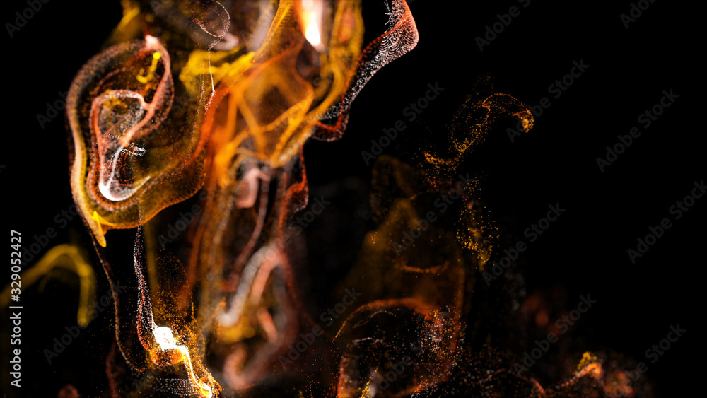 Aufkleber injection of fiery fluorescent ink in water isolated on black background. 3d render of glow particle