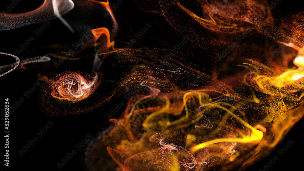Poster injection of fiery fluorescent ink in water isolated on black background. 3d render of glow particle