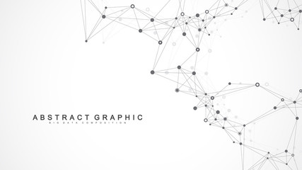 Geometric abstract background with connected line and dots. Network and connection background for your presentation. Graphic polygonal background. Scientific vector illustration.
