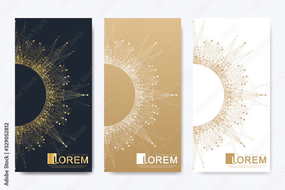 Poster Modern set of vector flyers. Geometric abstract presentation with golden mandala. Molecule and communication background for medicine, science, technology, chemistry.