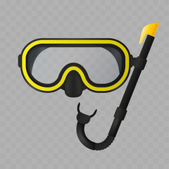 Scuba mask and tube isolated on transparent background. Realistic snorkeling mask. Vector illustration