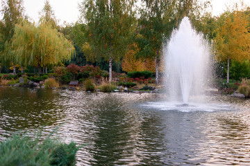 Fountain in a park pond. Sunless autumn day.