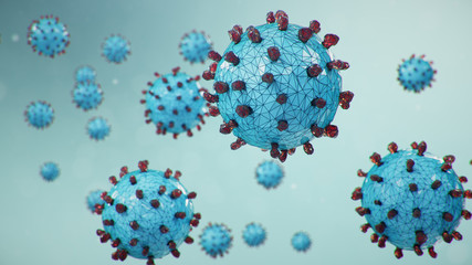 Abstract virus background. Pathogen affecting the respiratory tract. COVID-19 infection. Concept of pandemic, viral infection. Virus inside a human. Infection causing chronic disease, 3D illustration