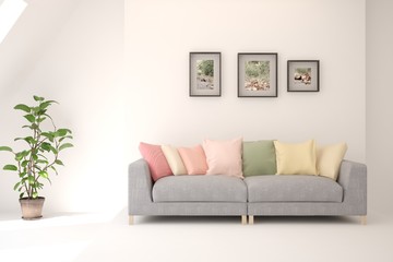 Modern living room in white color with sofa. Scandinavian interior design. 3D illustration