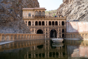 Hindu Monkey Temple or Hanuman Ji Temple in Jaipur, Rajasthan, India. View of the bathing pool