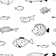 Motif d& 39 enfants de griffonnage d& 39 encre linéaire dessinés à la main en noir et blanc sans soudure de vecteur avec différents poissons dans un style scandinave sur fond blanc. Modèle avec des griffonnages de poisson. Sous-marin, aquarium
