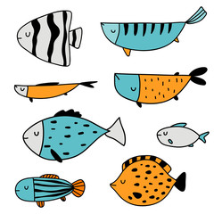 Vector color hand-drawn contour children`s set with different fish in the Scandinavian style on a white background. Undersea world. Sea inhabitants.