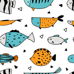 Vector seamless repeating color hand-drawn linear ink doodle children pattern with different fish in scandinavian style on a white background.Pattern with doodles of fish. Underwater,aquarium