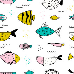 Vector seamless repeating color hand-drawn linear ink doodle children pattern with different fish in scandinavian style on a white background.Pattern with doodles of fish. Underwater,aquarium