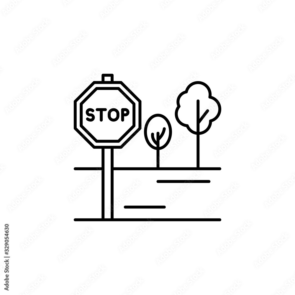 Poster stop sign, road, trees icon. simple line, outline vector elements of city for ui and ux, website or 