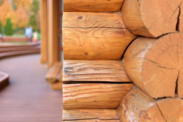 Corner of a wooden log house. Close up.