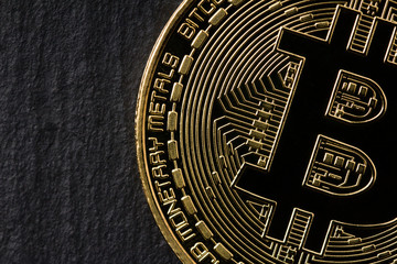 Gold Coin Bitcoin On Dark Background.  Close up . Cryptocurrency.