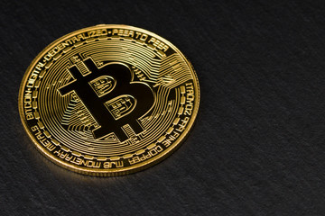 Gold Coin Bitcoin On Dark Background. Cryptocurrency.