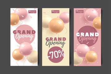 Set of invitation flyers for grand opening of shop or event with discount, round shape balloons 3d vector illustration and typography, pink girlish gentle style