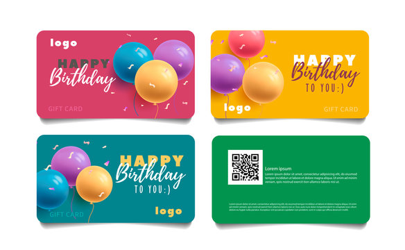 Happy birthday greeting cards set with 3d round balloons illustration on bright backdrop with typography, front and back concept layout template