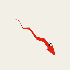 Stock market crash vector concept with downward arrow and businessman. Global financial crisis symbol.