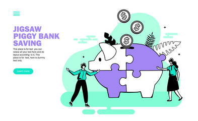 team with jigsaw piggy bank, saving money vector