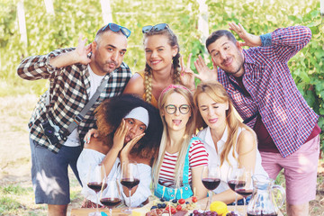 Multiracial group of happy friends having fun at picnic party 