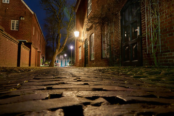 frog perspective of a cobble stone footpath next to the historic house of the museum of navigation...