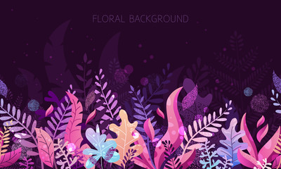 Fototapeta na wymiar Trendy textured flat vector illustration with violet and pink vibrant bright gradient plants, leaves, flowers, branches. Floral and botanical modern background for posters, banners, invitation, cards.