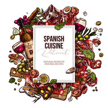 Vector sketch spanish food cuisine dishes background. Mediterranean menu. Colorful hand drawn illustration with meat, wine, jamon, vegetables, salads olive