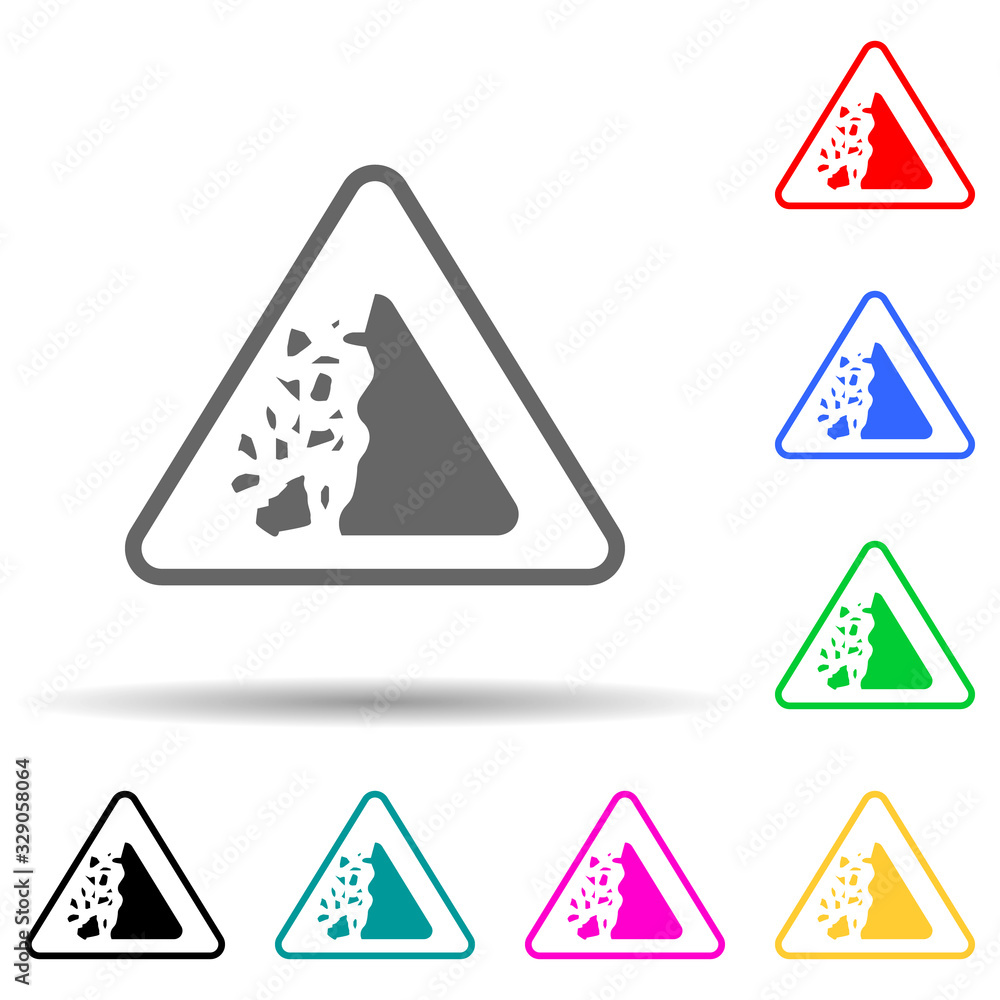 Poster sign dangerous crashing stones multi color style icon. simple glyph, flat vector of warning signs ic