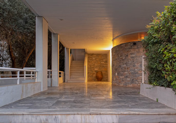 central perpective of elegant house entrance night view, Athens Greece