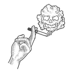 Naklejka premium cigarette in hand and skull smoke sketch engraving vector illustration. T-shirt apparel print design. Scratch board imitation. Black and white hand drawn image.