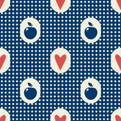 Blue white polka dot seamless pattern with red hearts and apples. © Marina Lvova