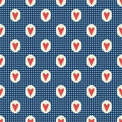 Blue white polka dot seamless pattern with red hearts