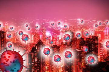 Spread of germs in the red city concept, Outbreak of disease, Time to protect our live and everyone in the World concept