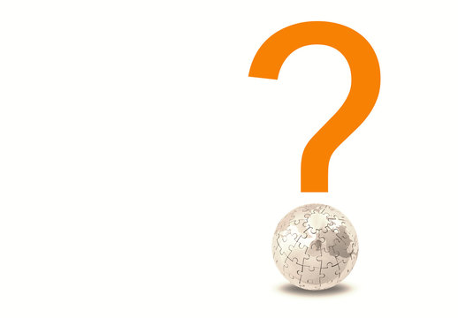 What's next for our Earth ?, Think about Earth concept. Orange Question Mark Sign on top of a Metal Puzzle World on White Background