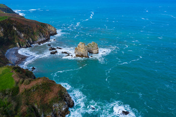 Aerial view of Islote de los Picones, Pendueles beach, Pendueles, Llanes council, Asturias, Cantabrian Sea, Spain, Europe